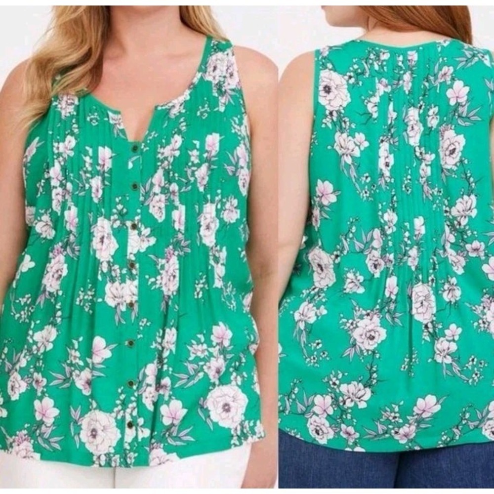 TORRID Textured Woven Pintuck Front Tank Womens Size 1 Or 1X Green‎ Floral